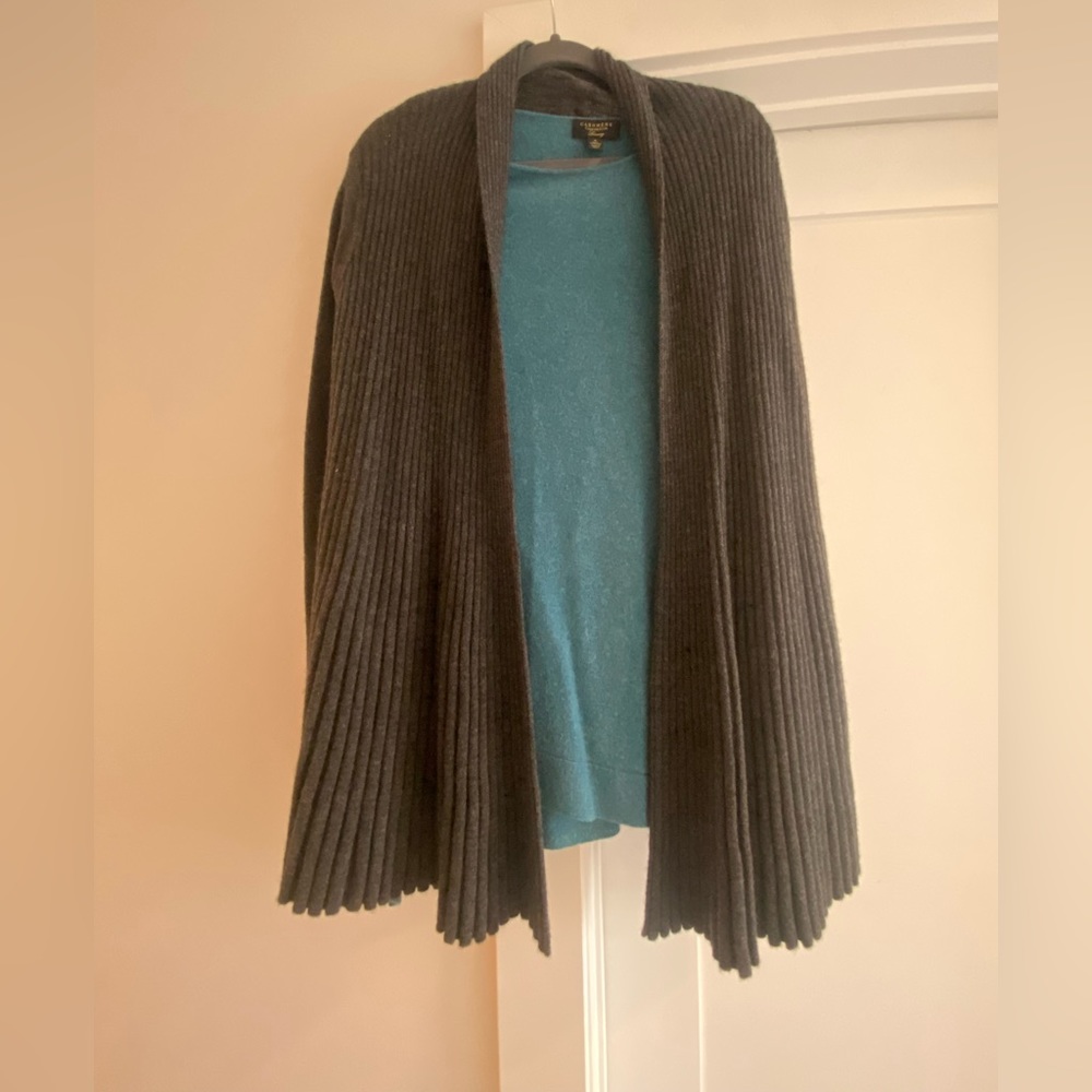Cashmere Charter Club teal sweater and grey cardigan.